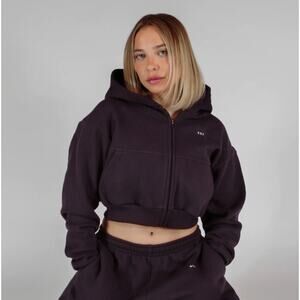 437 The Zip Cropped Organic Cotton Hoodie Full Zip Womens XL/XXL Espresso New